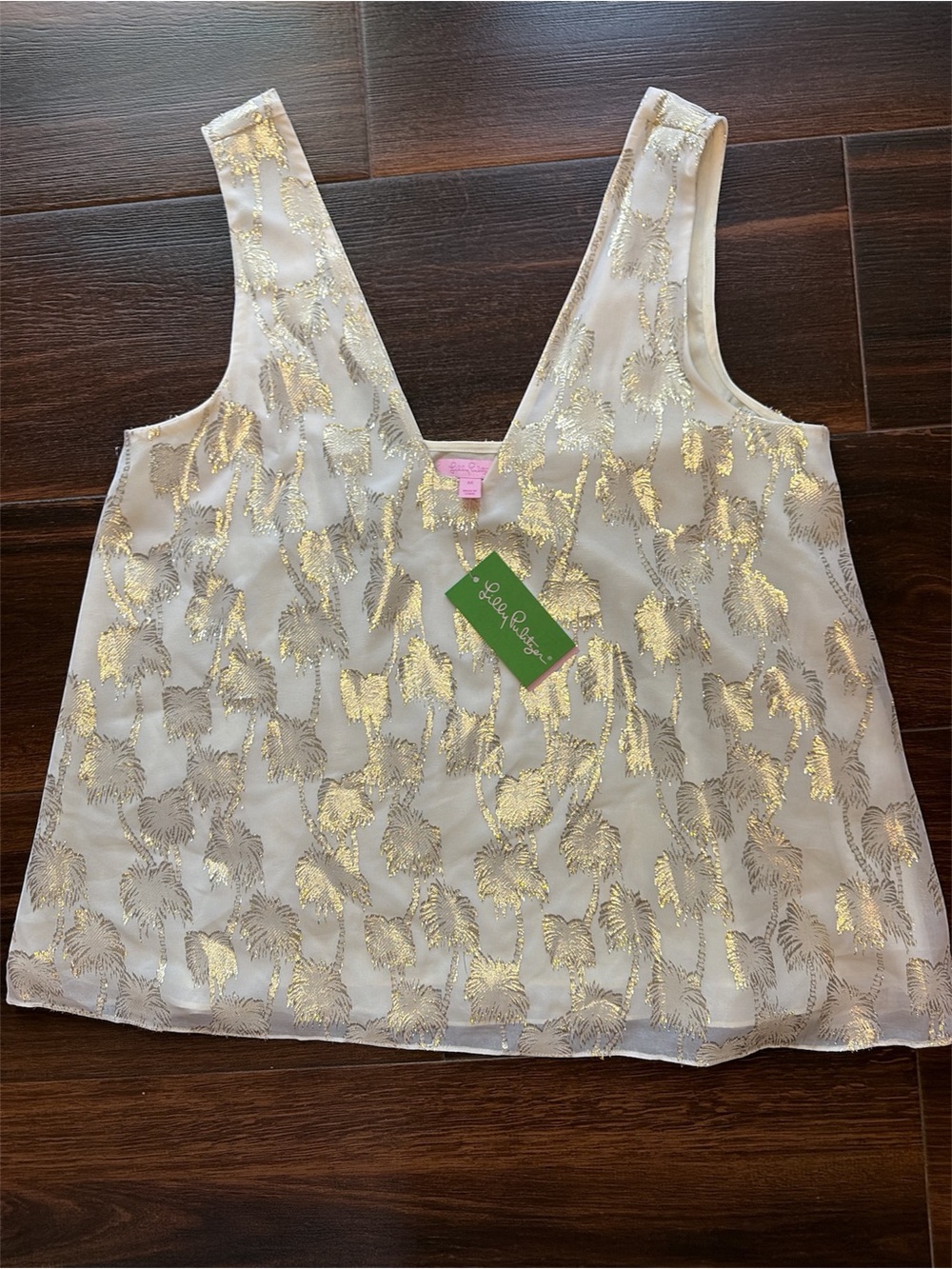 Lilly Pulitzer Women's White Tank Top with Metallic Gold Leaf Pattern Size M NWT